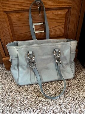 Light Blue Leather Tote Handbag with Silver Hardware